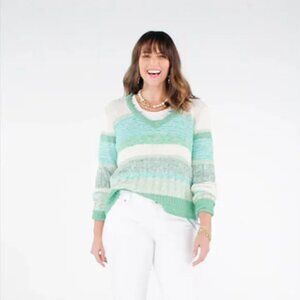 CAbi Mix Stitch V-Neck Pullover Striped Sweater in Mint Julep Size M
